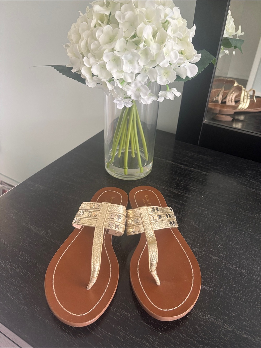 kate spade Metallic Gold T-Strap Embellished Sandals